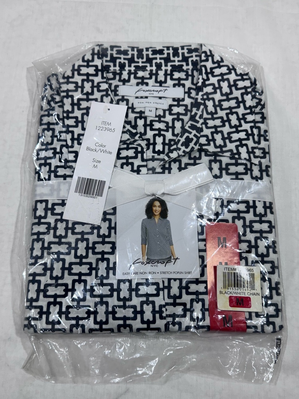 Foxcroft Easy Care Pinpoint Stretch Chain Print Poplin Button-Up Shirt M
